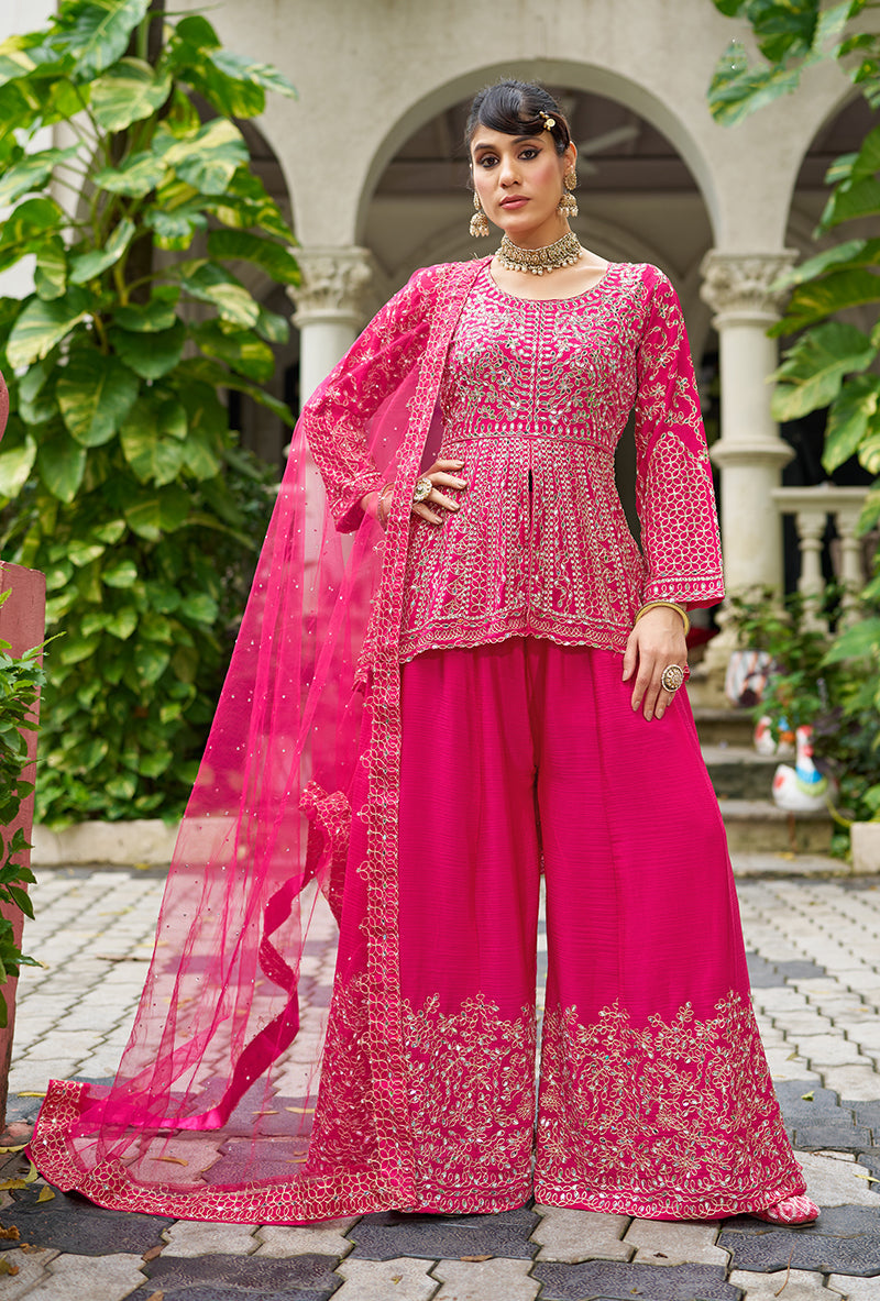 Monjolika Fashion Chinon Embroidered Rani Pink Readymade Palazzo Kameez