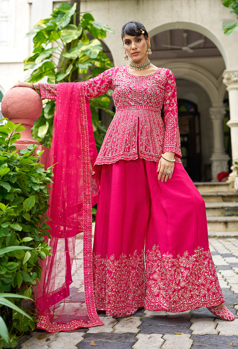Monjolika Fashion Chinon Embroidered Rani Pink Readymade Palazzo Kameez