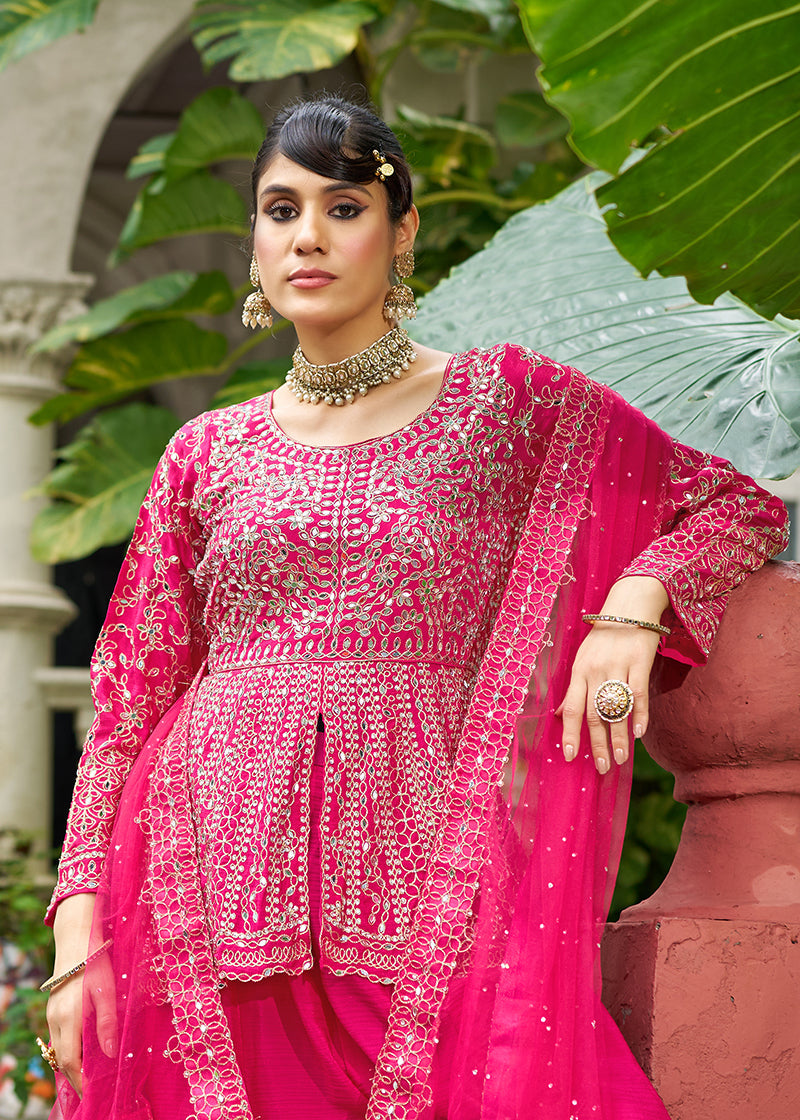 Monjolika Fashion Chinon Embroidered Rani Pink Readymade Palazzo Kameez