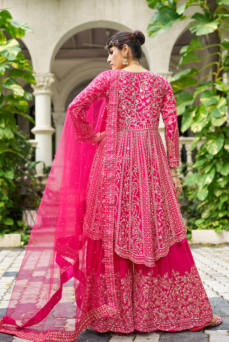 Monjolika Fashion Chinon Embroidered Rani Pink Readymade Palazzo Kameez