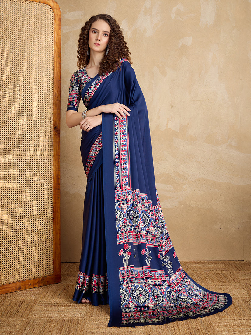 Monjolika Fashion Navy Blue Printed Satin Saree