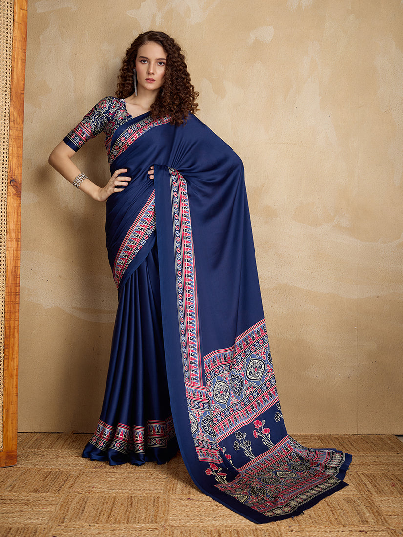 Monjolika Fashion Navy Blue Printed Satin Saree