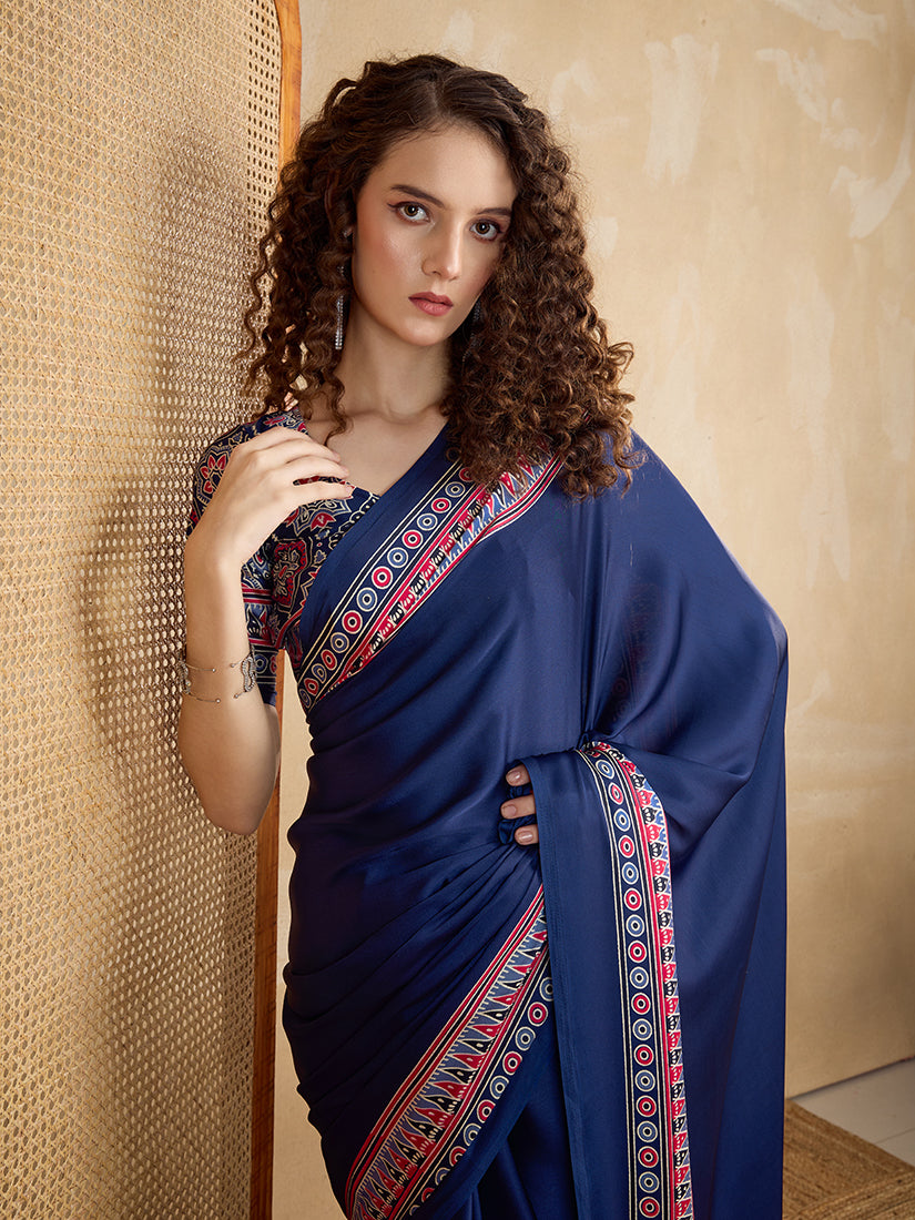 Monjolika Fashion Navy Blue Printed Satin Saree
