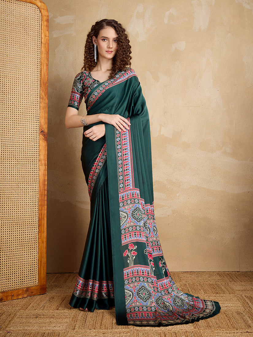 Monjolika Fashion Dark Green Printed Satin Saree