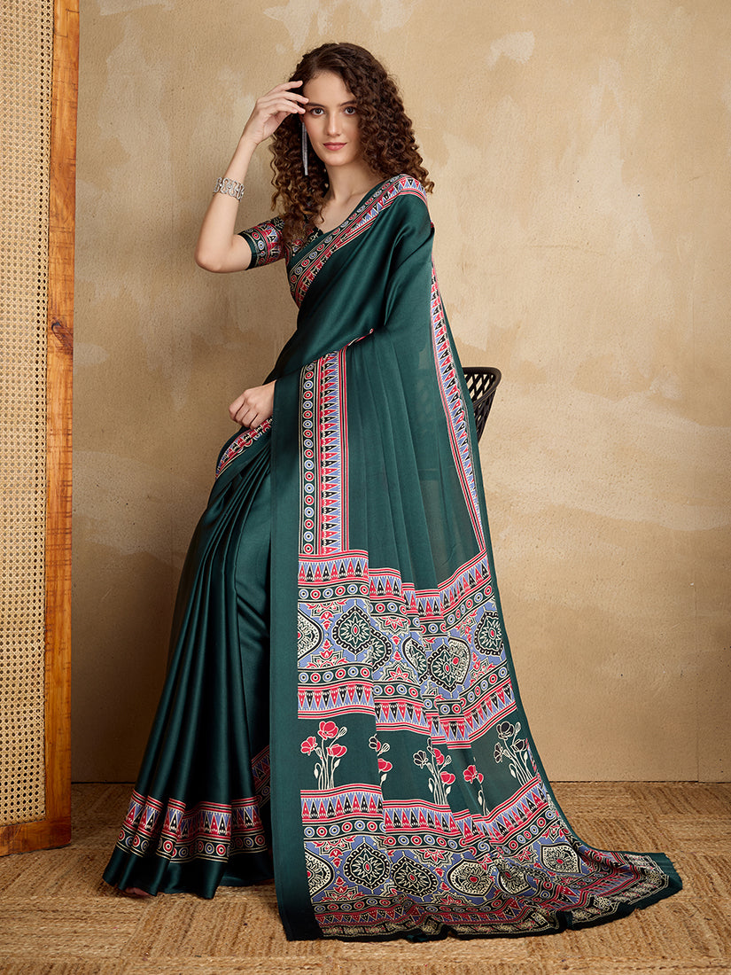 Monjolika Fashion Dark Green Printed Satin Saree