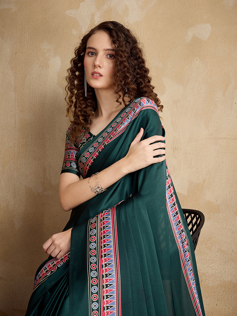 Monjolika Fashion Dark Green Printed Satin Saree