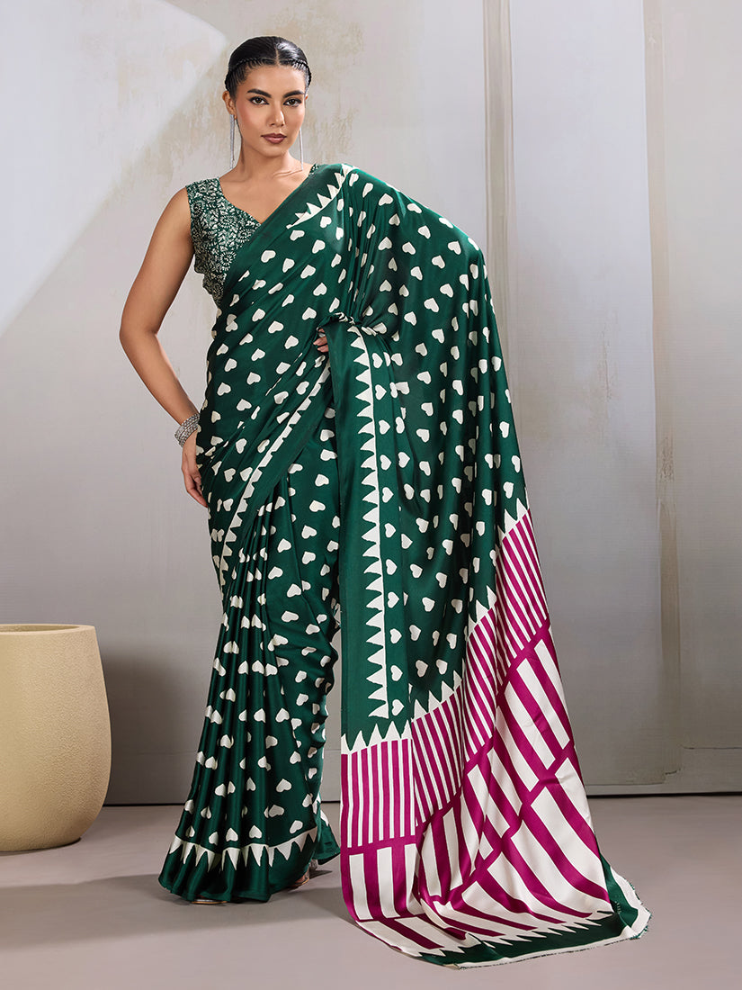 Monjolika Fashion Dark Green Printed Satin Saree