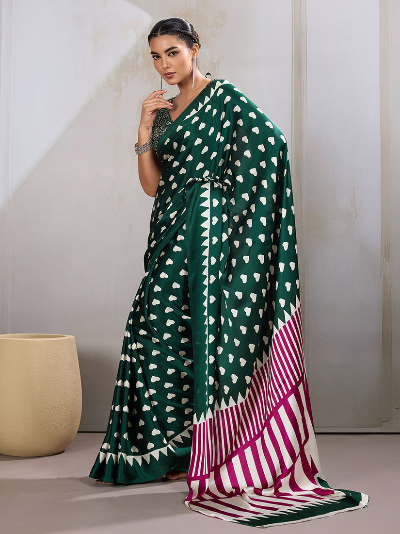 Monjolika Fashion Dark Green Printed Satin Saree