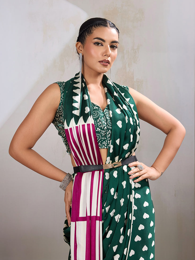 Monjolika Fashion Dark Green Printed Satin Saree