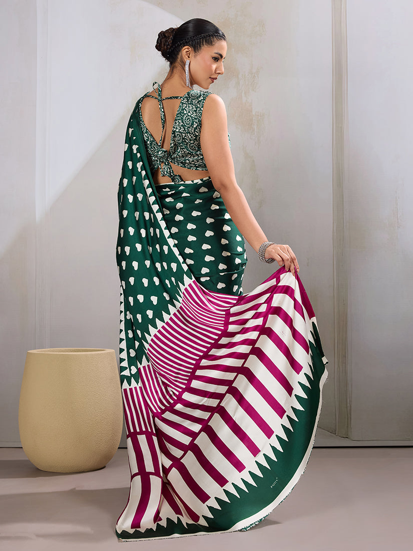 Monjolika Fashion Dark Green Printed Satin Saree