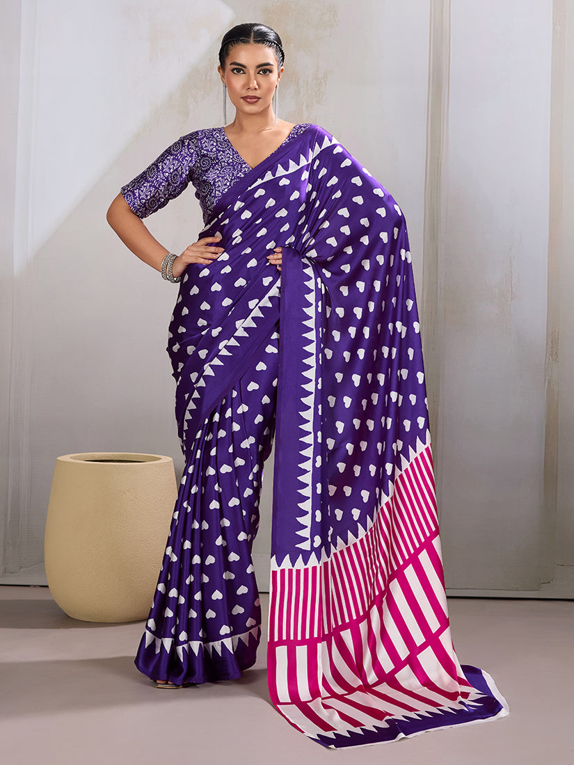 Monjolika Fashion Violet Printed Satin Saree