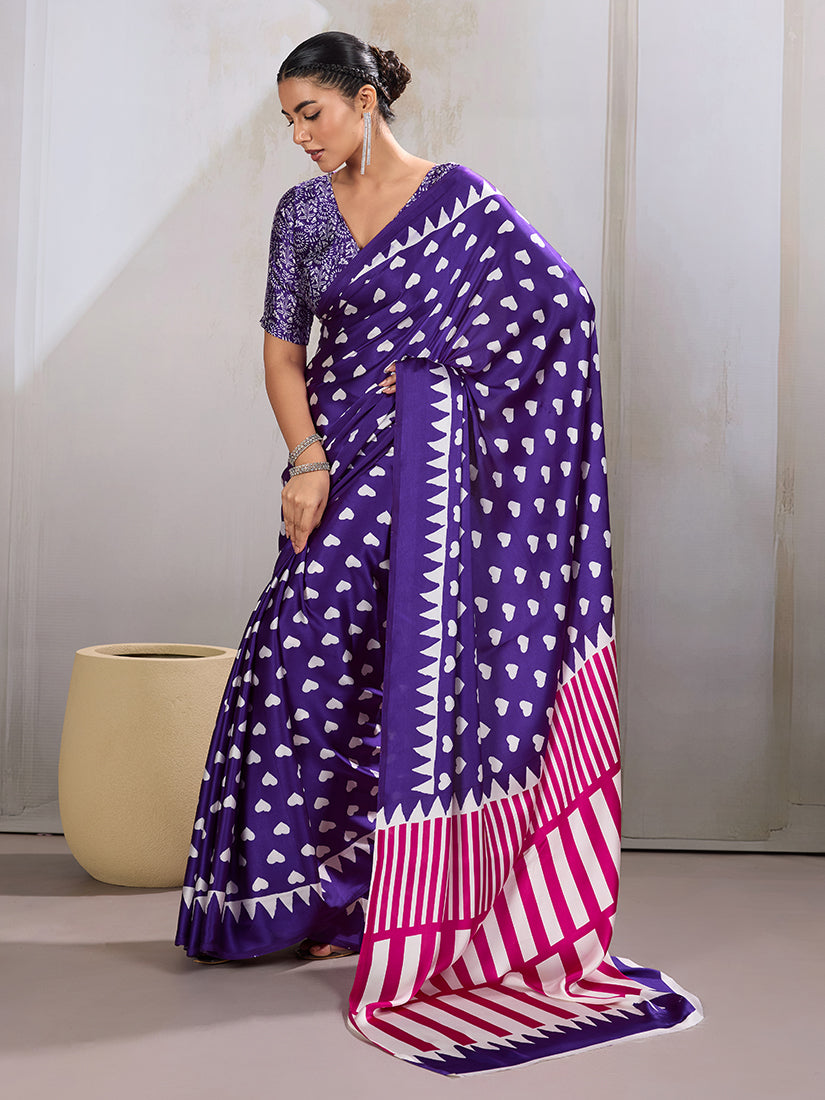 Monjolika Fashion Violet Printed Satin Saree