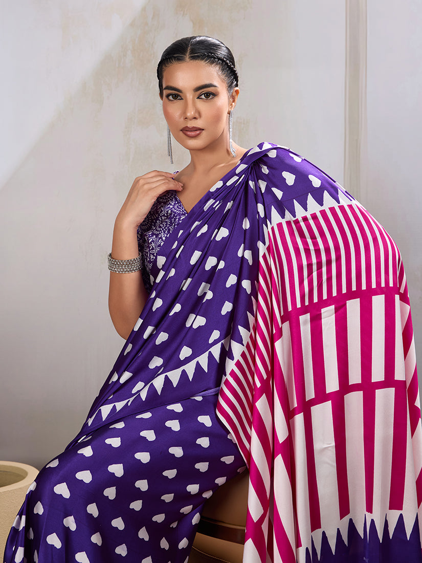Monjolika Fashion Violet Printed Satin Saree