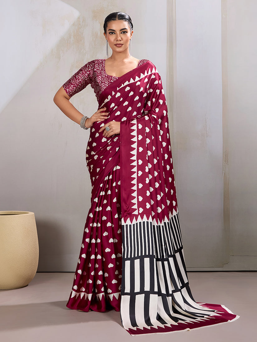Monjolika Fashion Maroon Printed Satin Saree