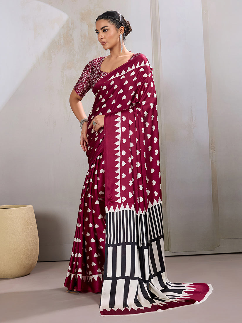 Monjolika Fashion Maroon Printed Satin Saree