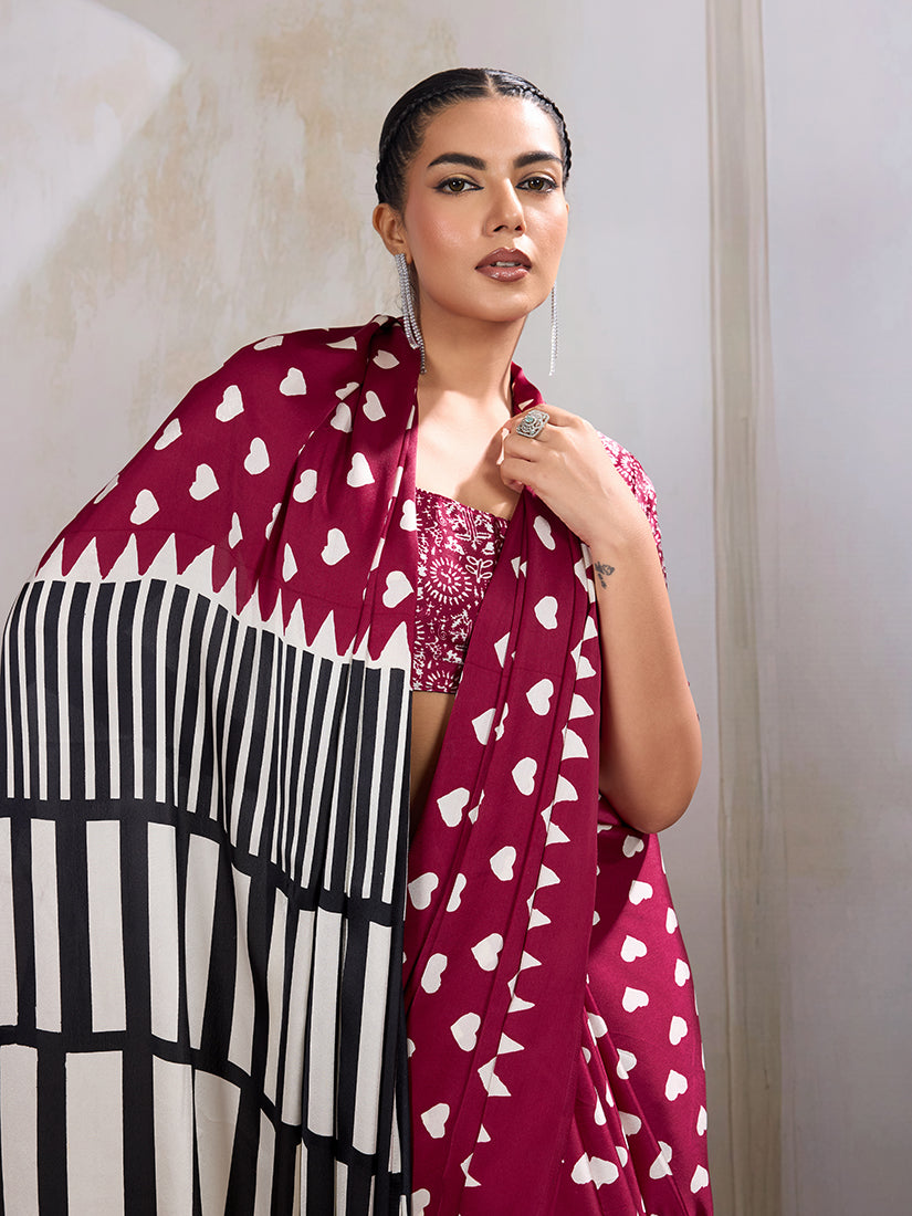 Monjolika Fashion Maroon Printed Satin Saree