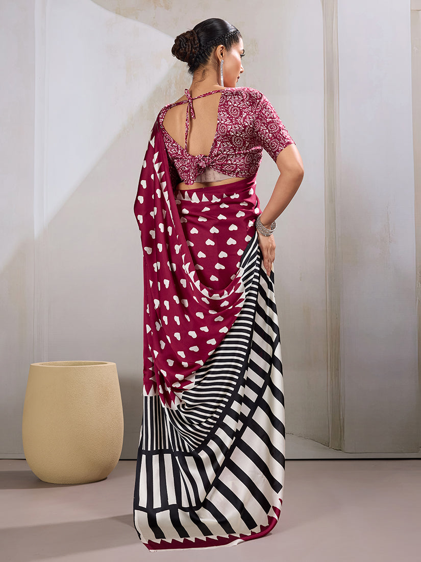 Monjolika Fashion Maroon Printed Satin Saree