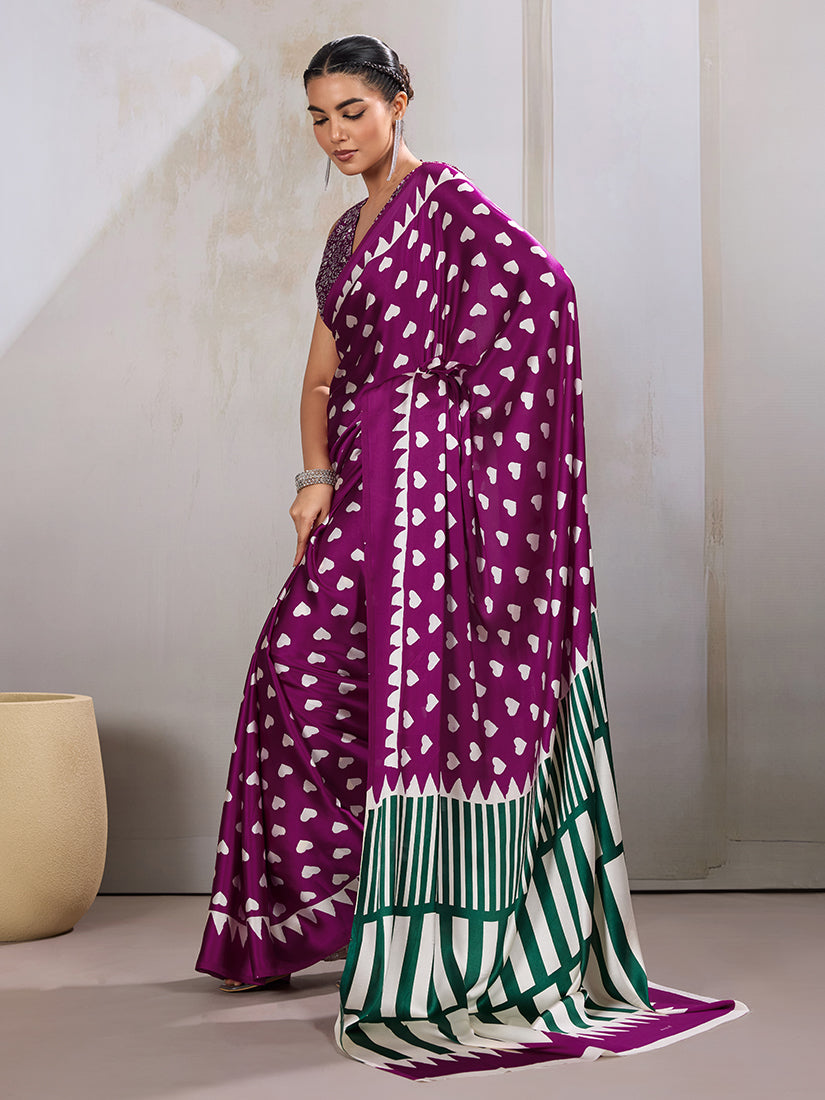 Monjolika Fashion Dark Magenta Printed Satin Saree