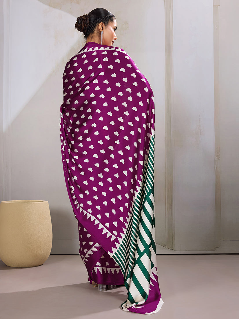 Monjolika Fashion Dark Magenta Printed Satin Saree
