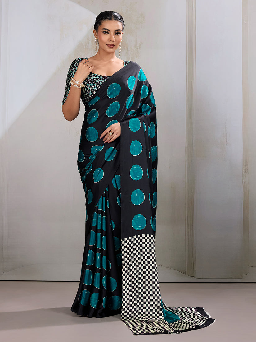 Monjolika Fashion Black & Teal Satin Printed Saree