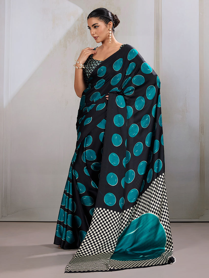 Monjolika Fashion Black & Teal Satin Printed Saree