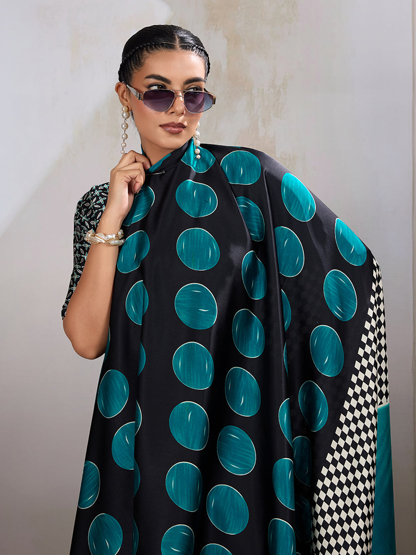 Monjolika Fashion Black & Teal Satin Printed Saree