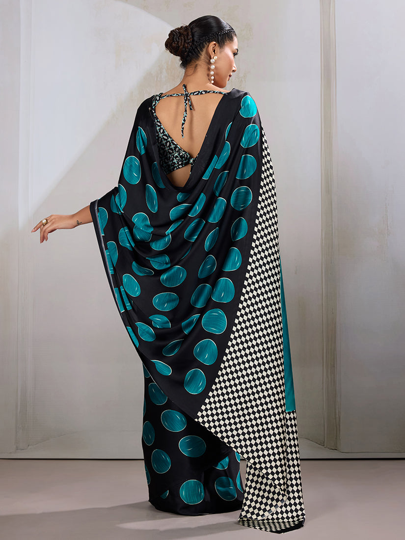 Monjolika Fashion Black & Teal Satin Printed Saree