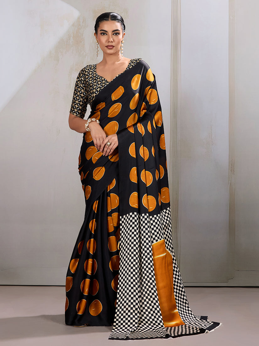 Monjolika Fashion Black & Orange Satin Printed Saree
