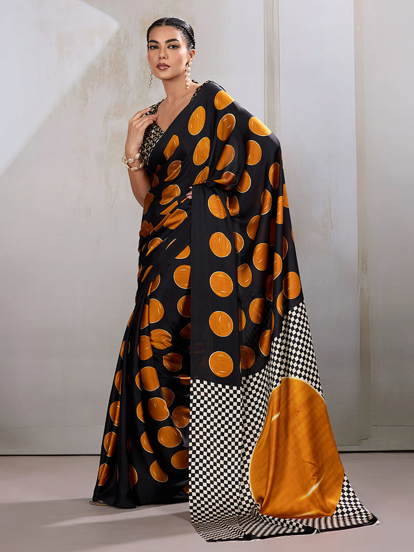 Monjolika Fashion Black & Orange Satin Printed Saree