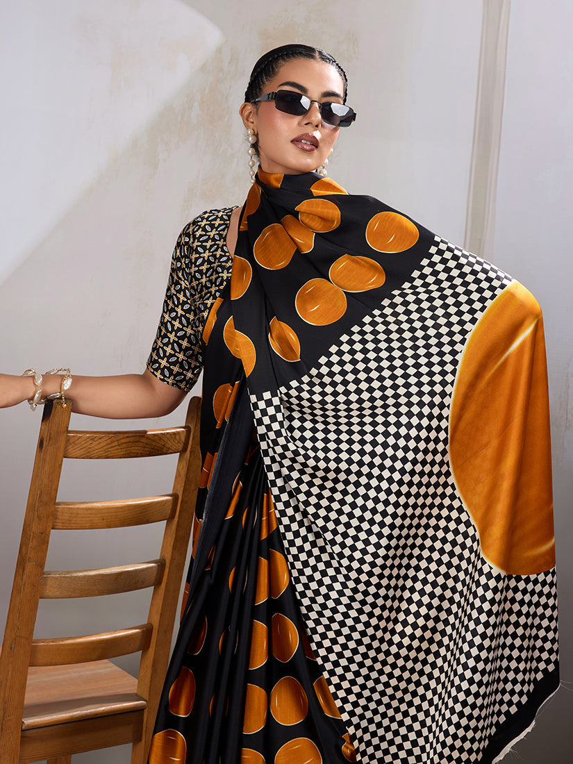 Monjolika Fashion Black & Orange Satin Printed Saree