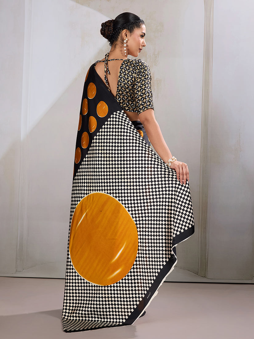 Monjolika Fashion Black & Orange Satin Printed Saree