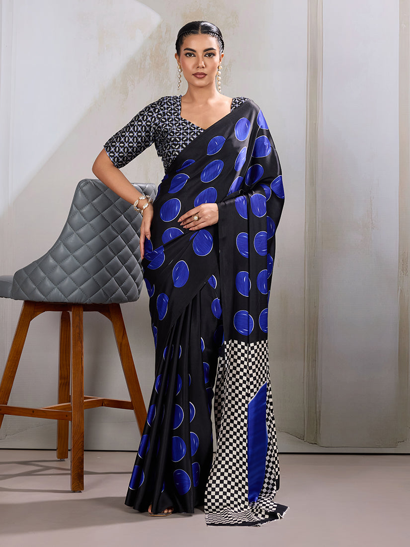 Monjolika Fashion Black & Blue Satin Printed Saree