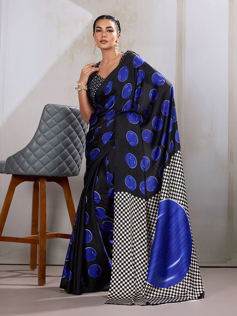 Monjolika Fashion Black & Blue Satin Printed Saree