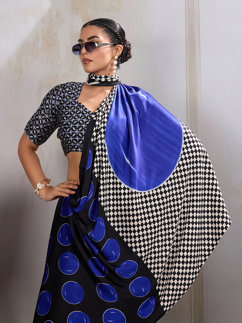 Monjolika Fashion Black & Blue Satin Printed Saree