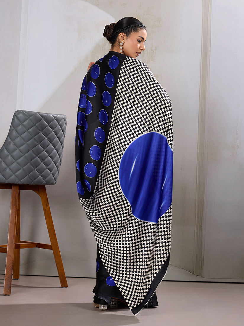Monjolika Fashion Black & Blue Satin Printed Saree
