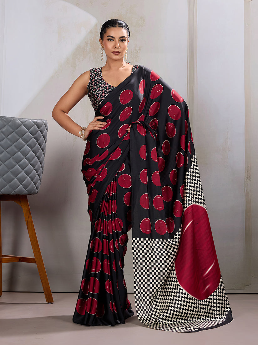 Monjolika Fashion Black & Red Satin Printed Saree