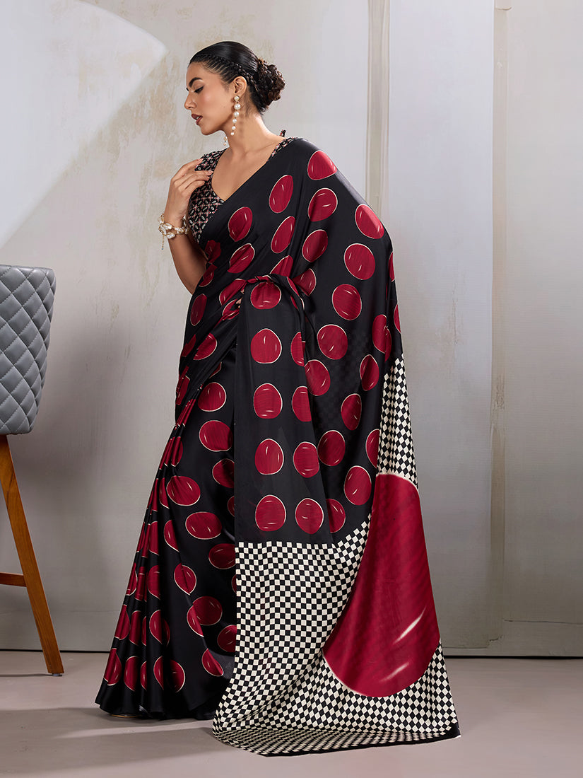 Monjolika Fashion Black & Red Satin Printed Saree