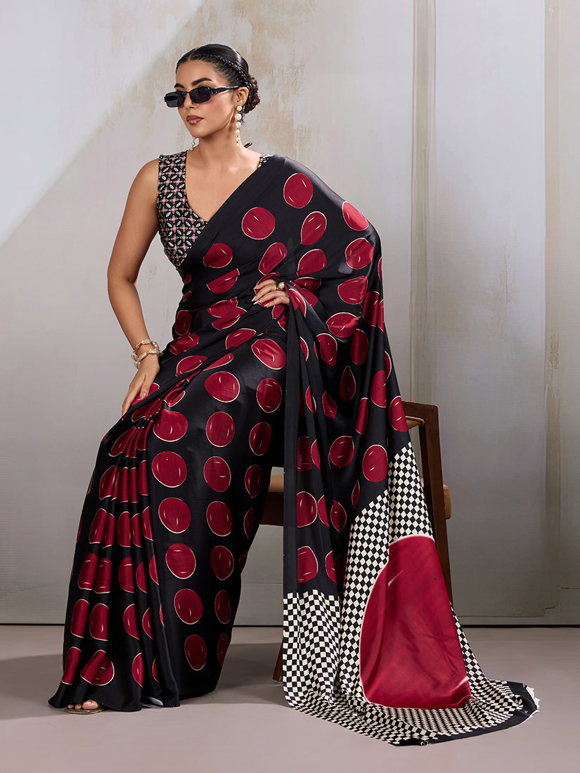 Monjolika Fashion Black & Red Satin Printed Saree