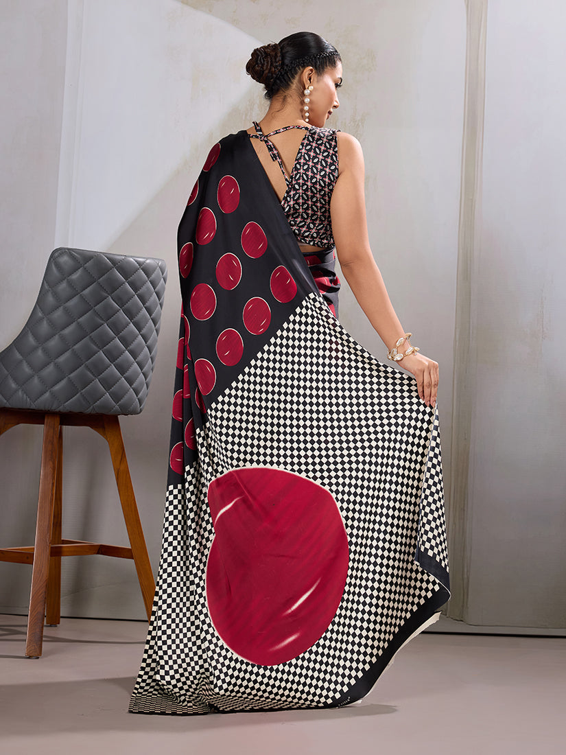 Monjolika Fashion Black & Red Satin Printed Saree