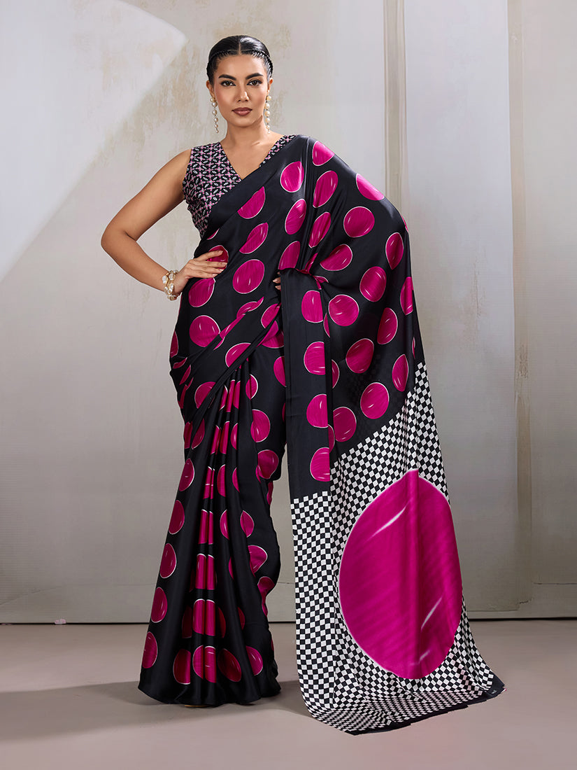 Monjolika Fashion Black & Hot Pink Satin Printed Saree