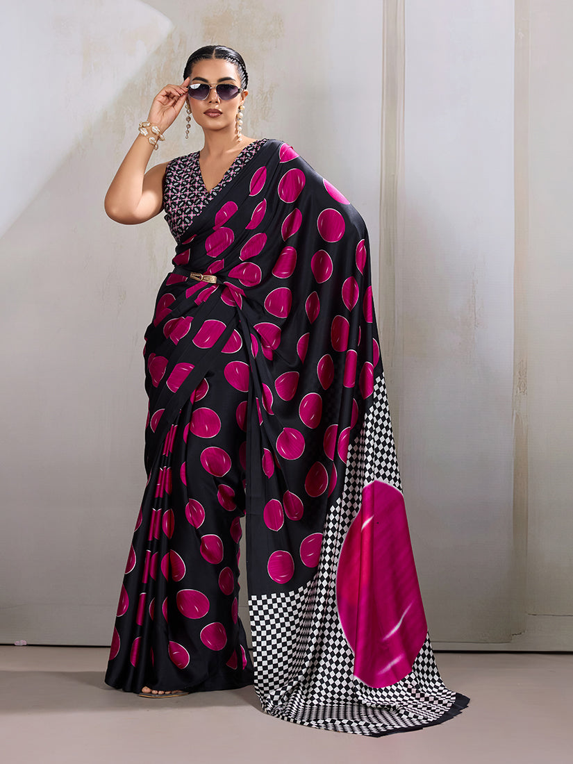 Monjolika Fashion Black & Hot Pink Satin Printed Saree