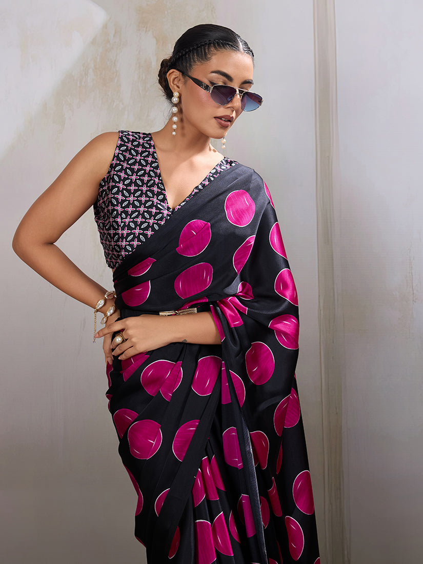Monjolika Fashion Black & Hot Pink Satin Printed Saree