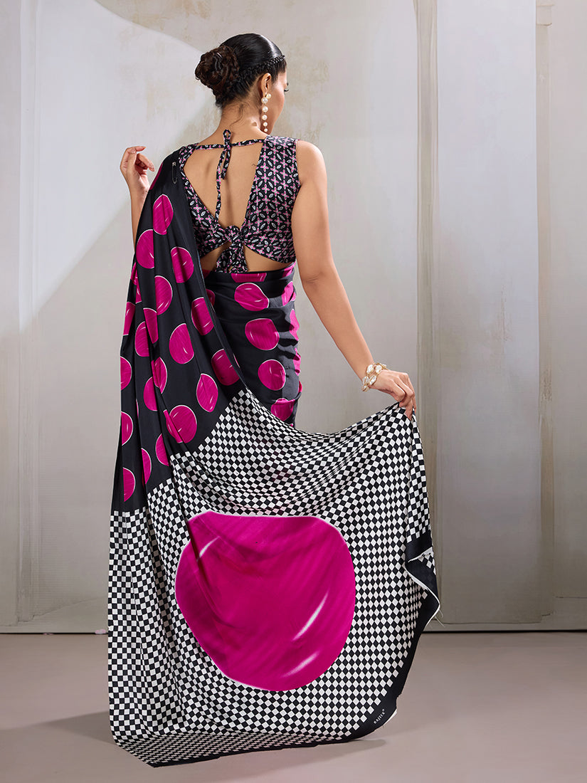 Monjolika Fashion Black & Hot Pink Satin Printed Saree