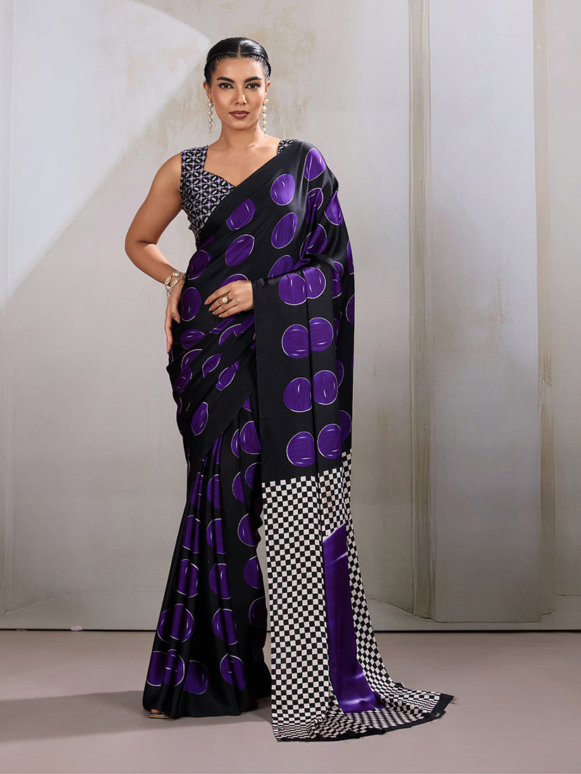 Monjolika Fashion Black & Violet Satin Printed Saree