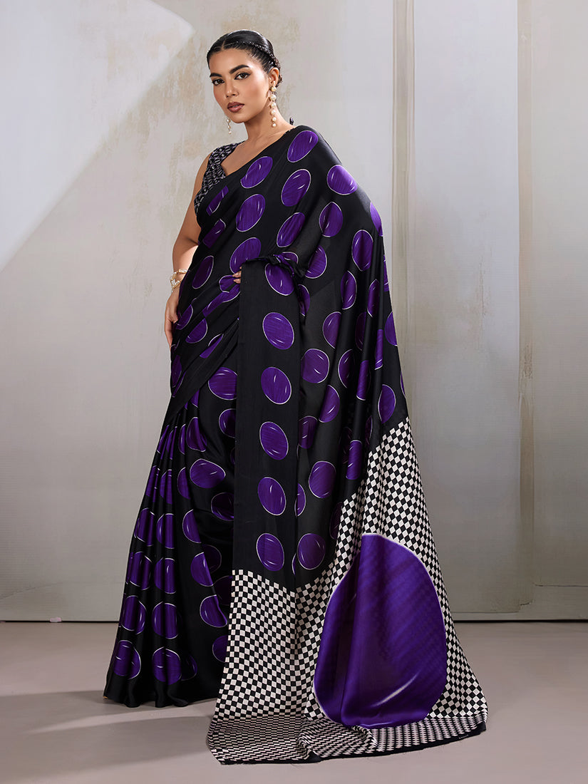 Monjolika Fashion Black & Violet Satin Printed Saree