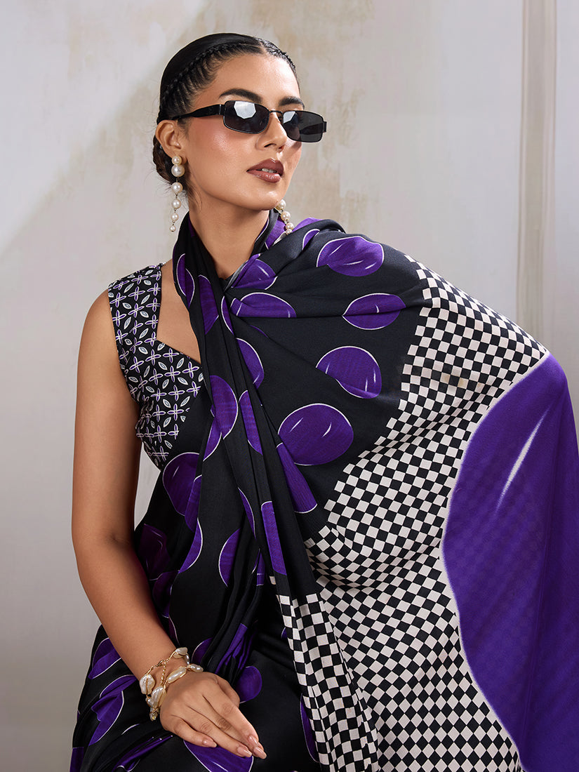 Monjolika Fashion Black & Violet Satin Printed Saree