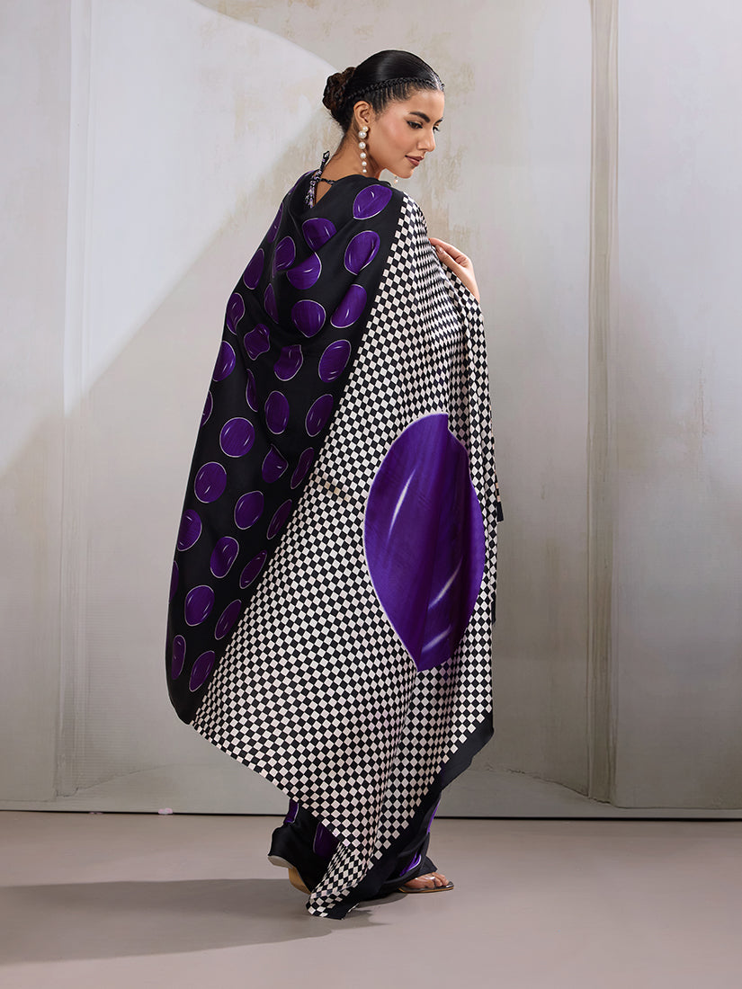 Monjolika Fashion Black & Violet Satin Printed Saree