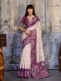 Monjolika Fashion Cotton Blend Cream & Plum Saree