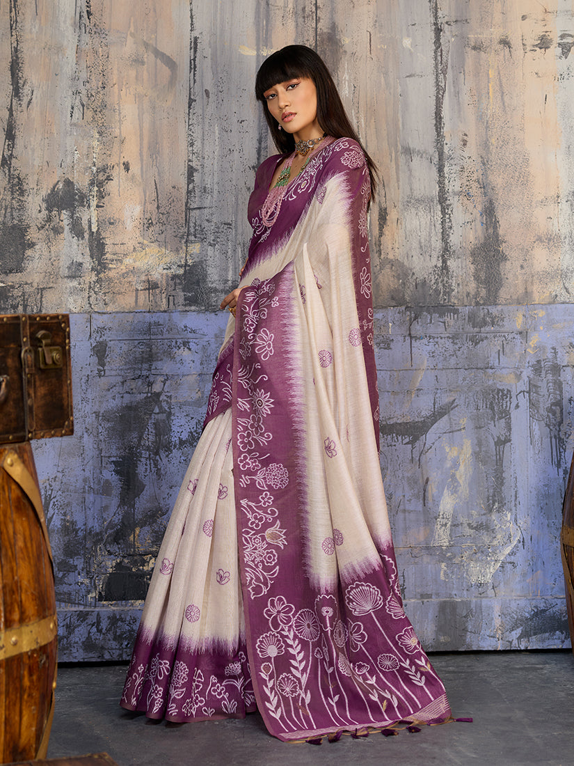 Monjolika Fashion Cotton Blend Cream & Plum Saree