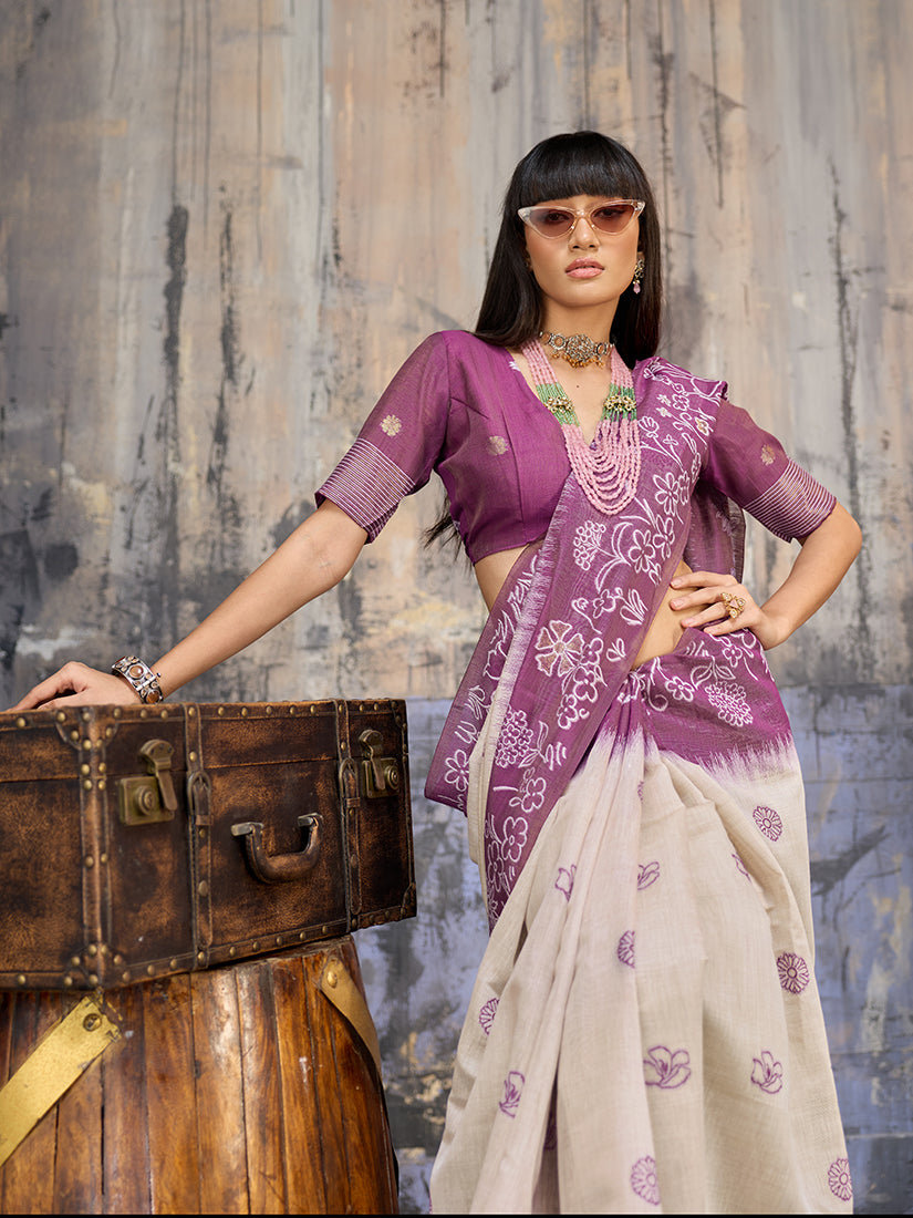 Monjolika Fashion Cotton Blend Cream & Plum Saree